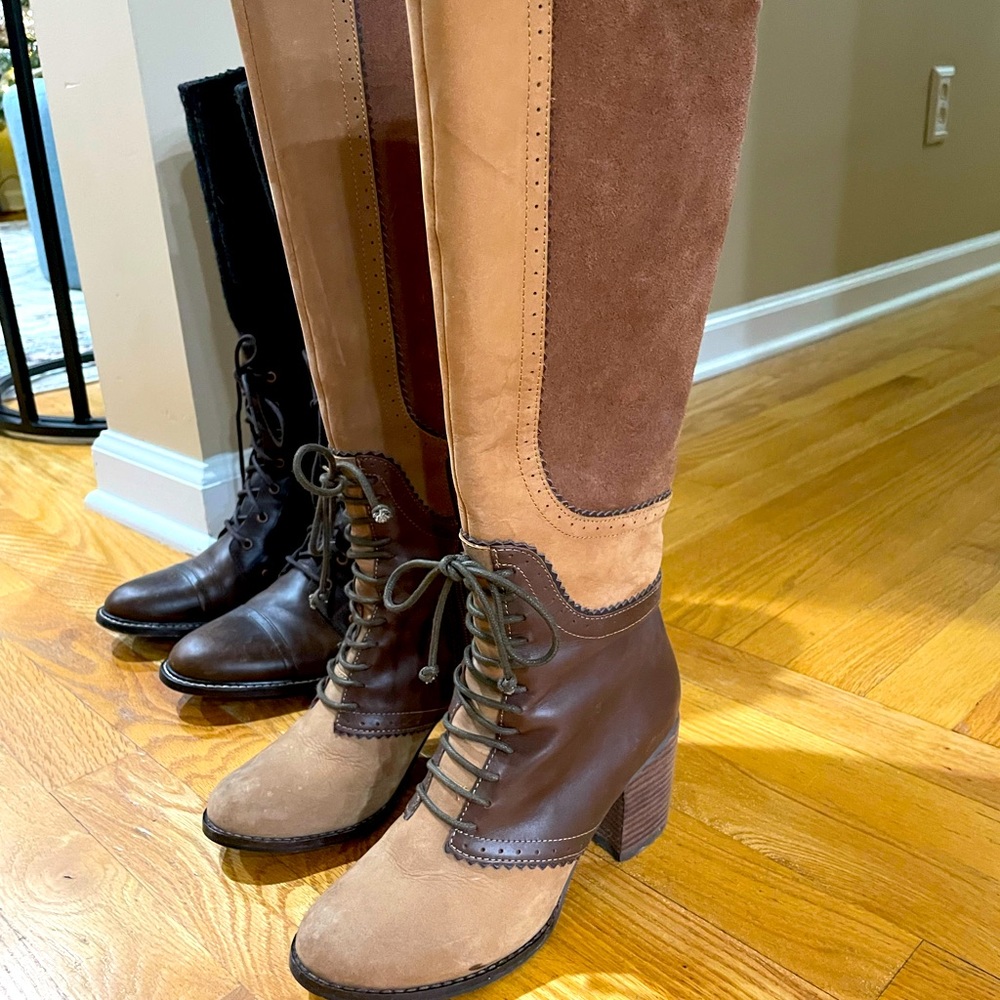 Anthropologie combination suede/leather tall boots with front lace size 6.5